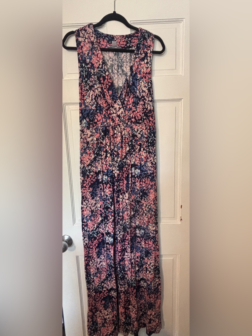 Maternity Navy and Pink Floral Maxi Dress — Wrap-Front Summer Style